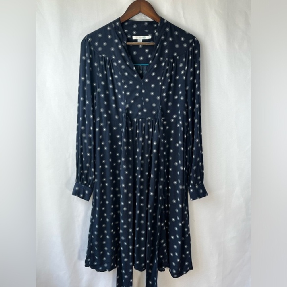 Boden Women's Size 8 Elegant Navy Sun Polka Dot Long Sleeve Belted Mini Dress